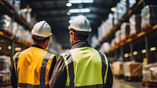 Two men in hard hats looking down the isle of a warehouse