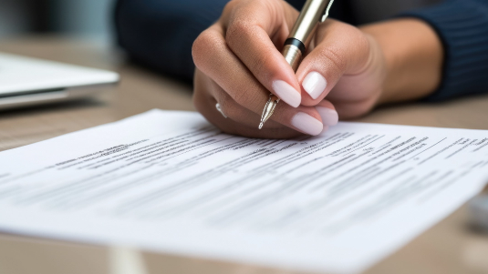Woman hand holding a pen over a document