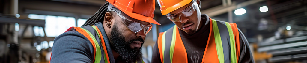 Industrial workers in safety vests and hard hats collaborating on a project